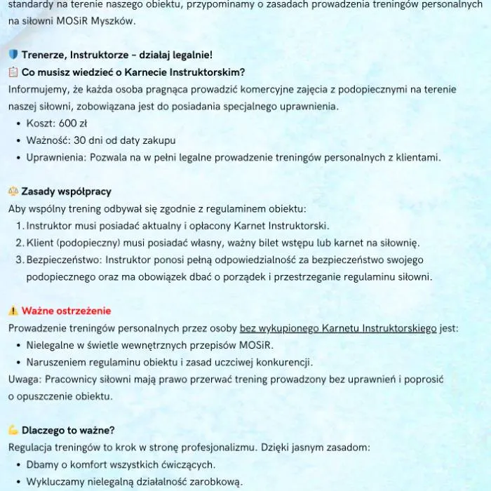 Zasady prowadzenia treningów personalnych na Siłowni MOSiR Myszków