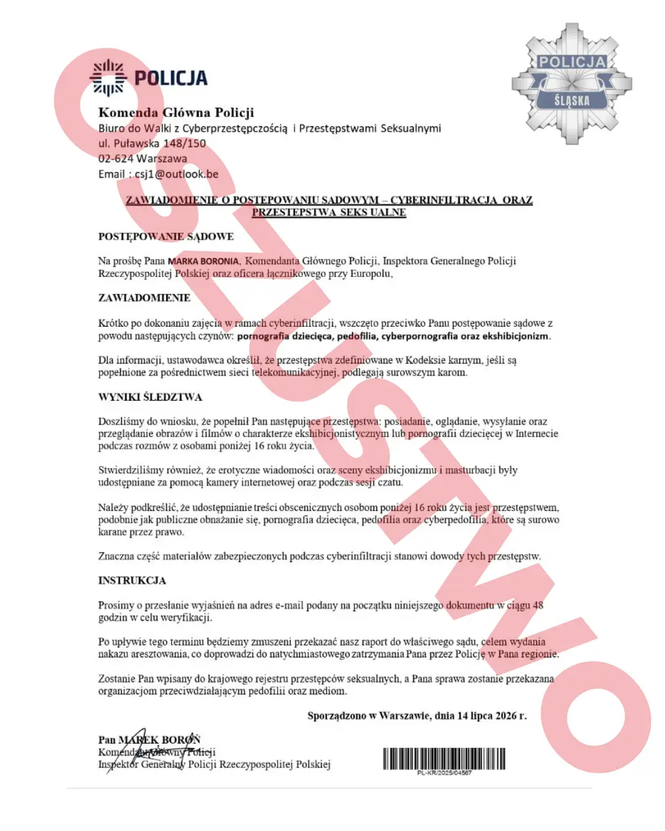 Ostrzeżenie przed fałszywymi e-mailami podszywającymi się pod Policję
