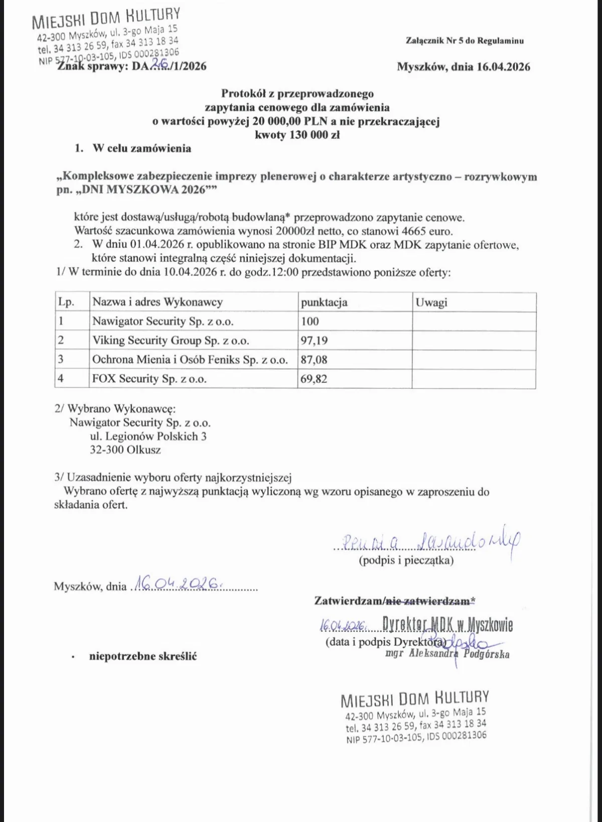 Zapis procesu wyboru najlepszej oferty